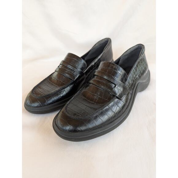 Lauren Ralph Lauren Womens Black Croc Embossed Leather Penny Loafer Size 10 - Picture 1 of 8